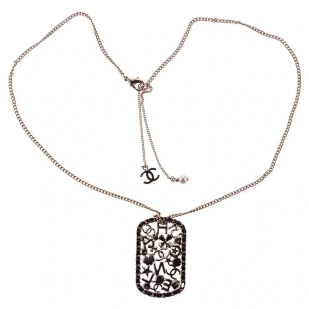 CHANEL Pendant Necklace Clover Lambskin Leather Chain Logo Crystal Mosaic Pearl